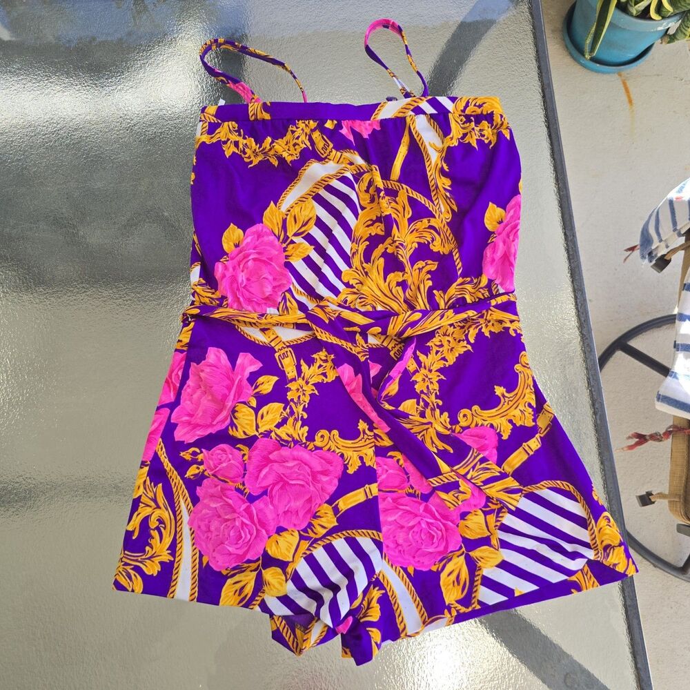 60s Mod Belted Equestrian Romper Swimsuit by Ceeb Purple Pink Vintage Size 14